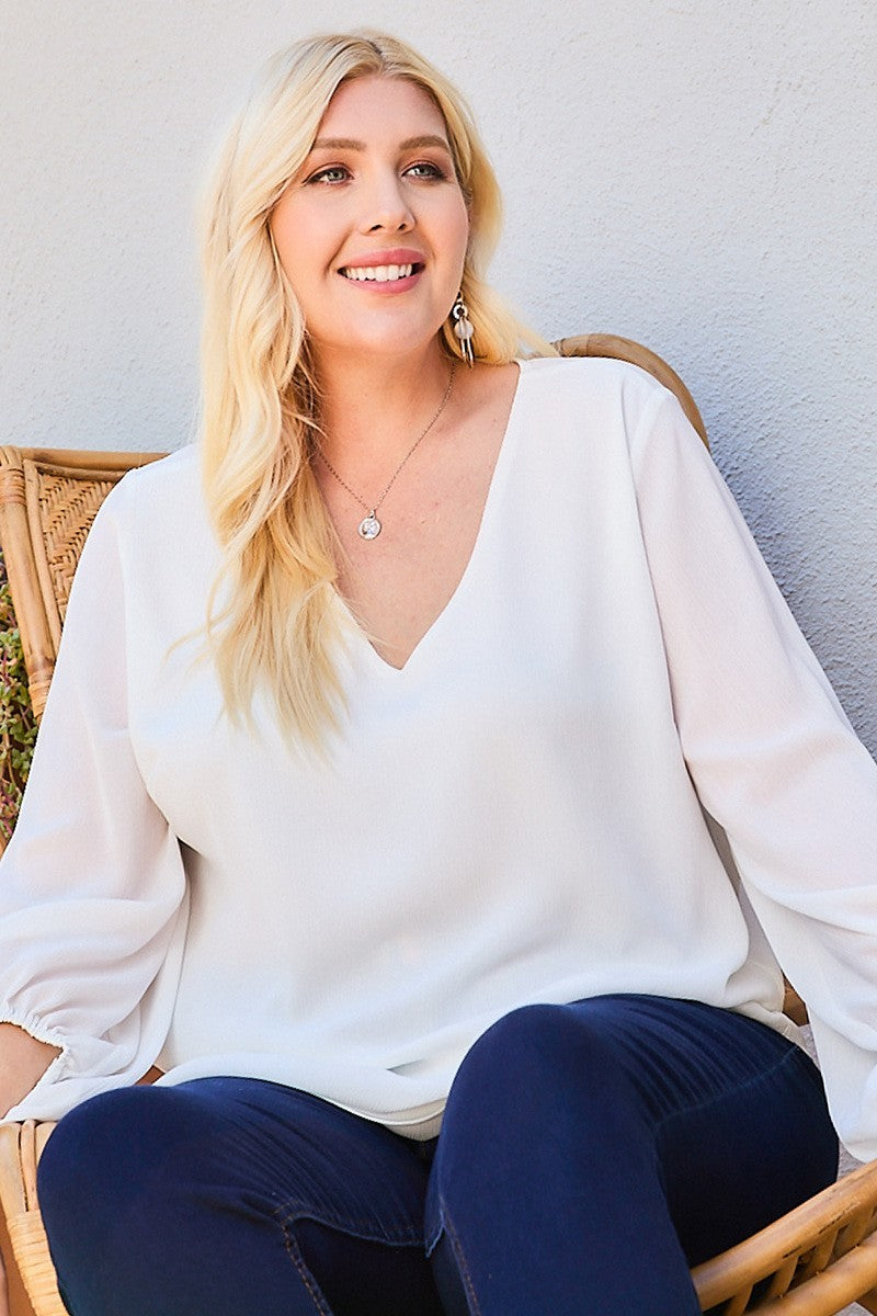 V Neck Bubble Sleeve Solid Top — White