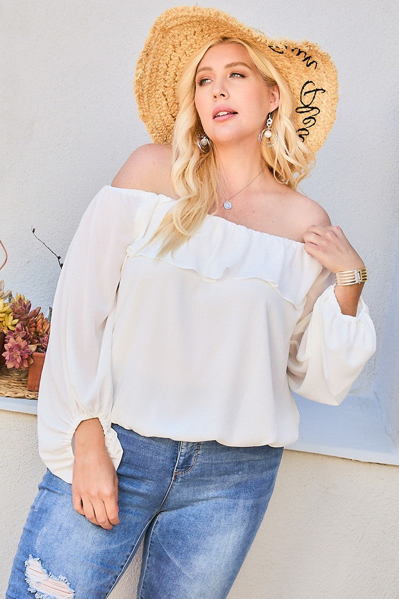 Off Shoulder Ruffle Bubble Sleeve Top — White
