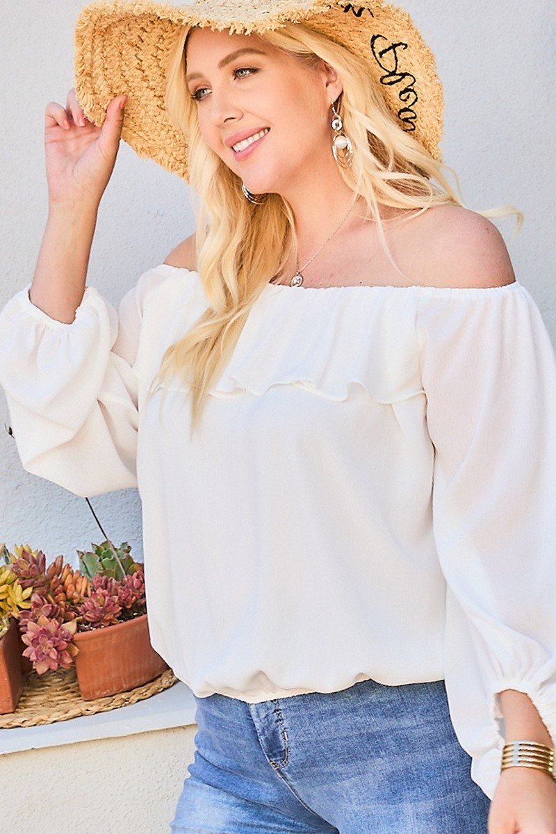 Off Shoulder Ruffle Bubble Sleeve Top — White
