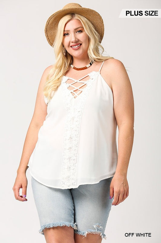 Plunging V-neckline Lattice Top With Scalloped Lace — Off White