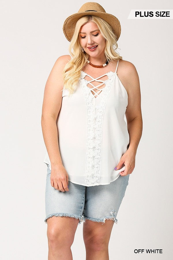 Plunging V-neckline Lattice Top With Scalloped Lace — Off White