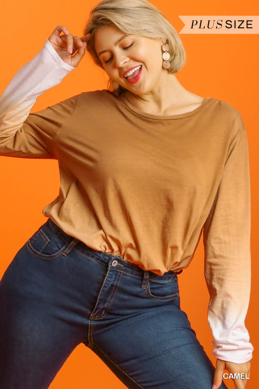 Ombre Print Long Sleeve Top With Gathered Front Detail And Raw Hem — Camel