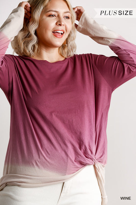 Ombre Print Long Sleeve Top With Gathered Front Detail And Raw Hem — Wine