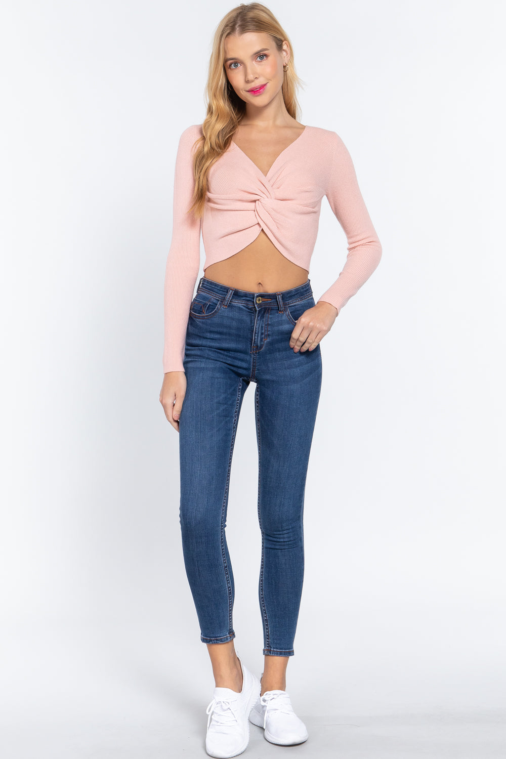 V-neck Front Knotted Crop Sweater — Light Pink