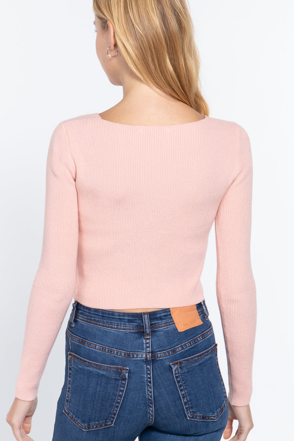V-neck Front Knotted Crop Sweater — Light Pink