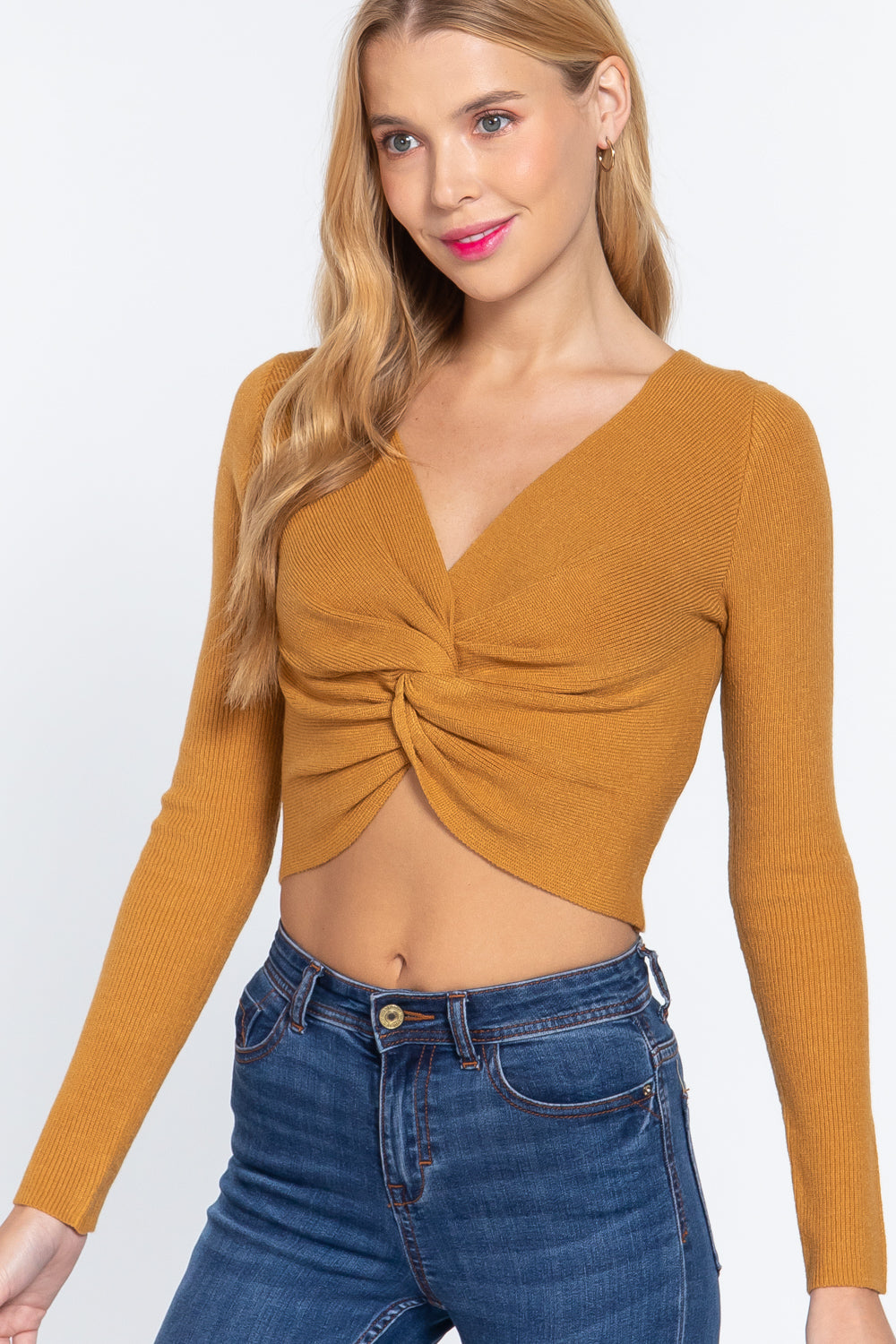 V-neck Front Knotted Crop Sweater — Ochre