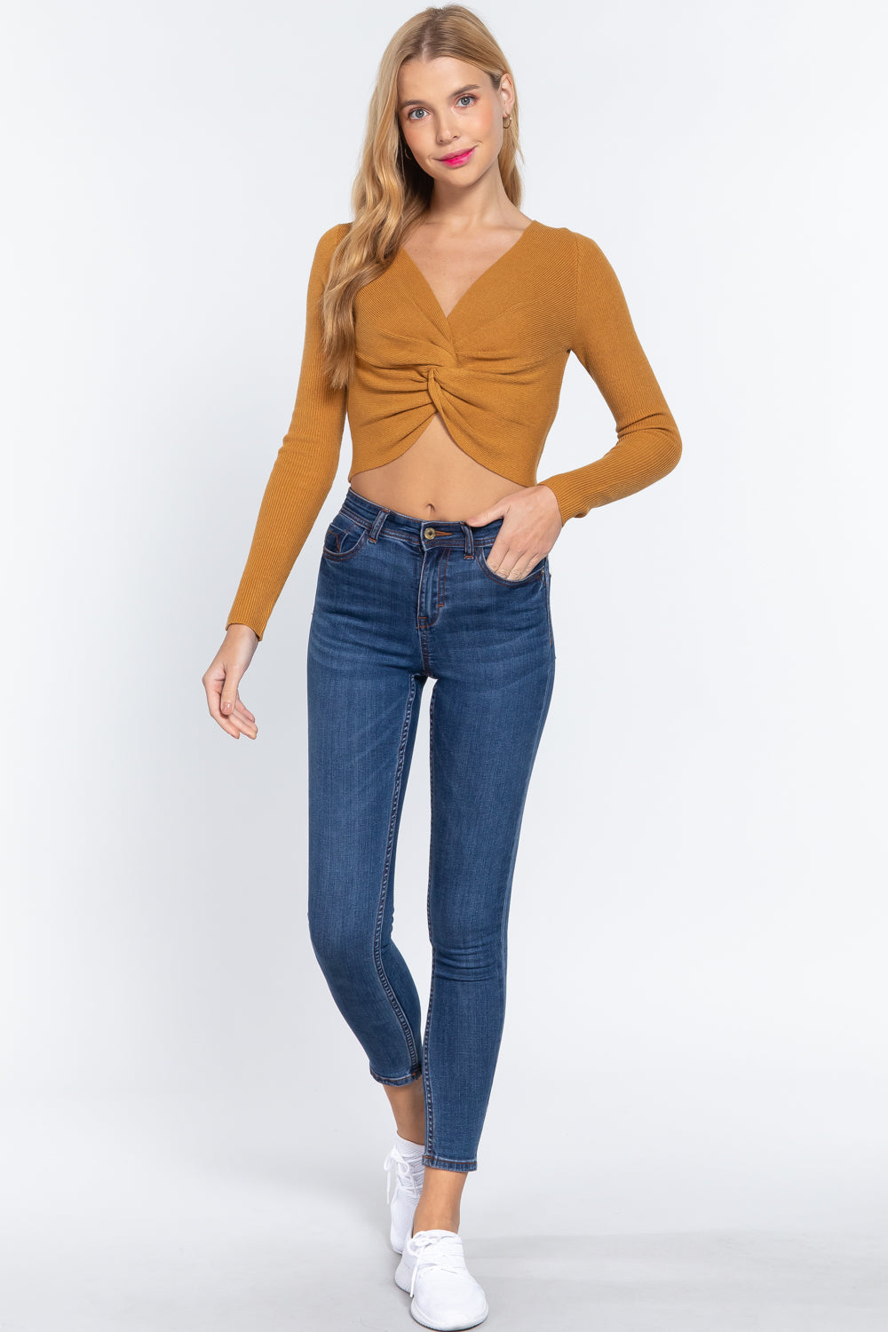 V-neck Front Knotted Crop Sweater — Ochre
