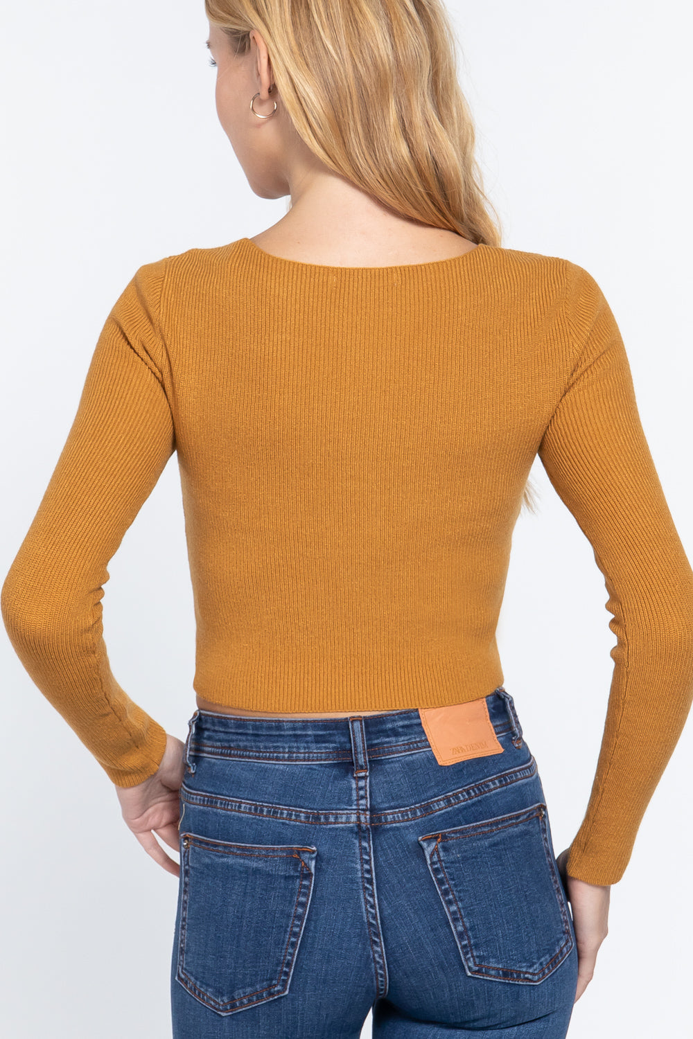V-neck Front Knotted Crop Sweater — Ochre