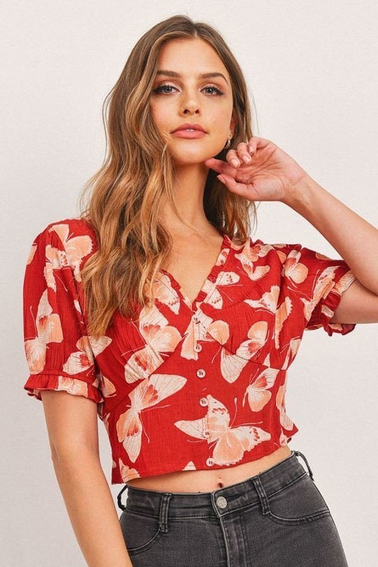 Butterfly Vneck Crop Smocked Back Waist — Style 1