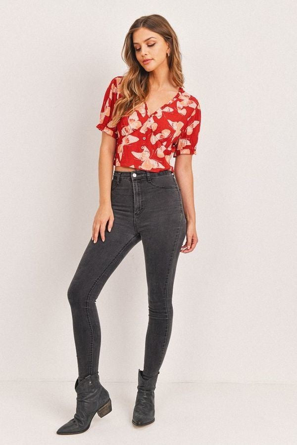 Butterfly Vneck Crop Smocked Back Waist — Style 1
