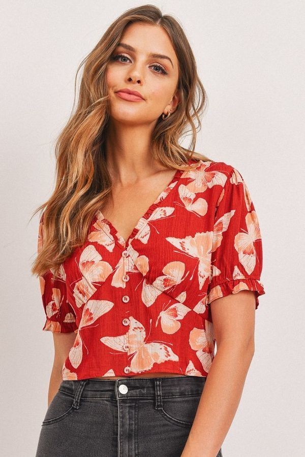 Butterfly Vneck Crop Smocked Back Waist — Style 1