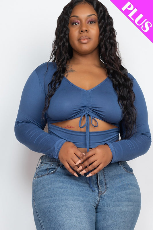 Plus Size Drawstring Ruched Cutout Crop Top — Style 1
