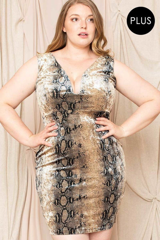 Velour Snake Print Plus Mini Dress — Mocha