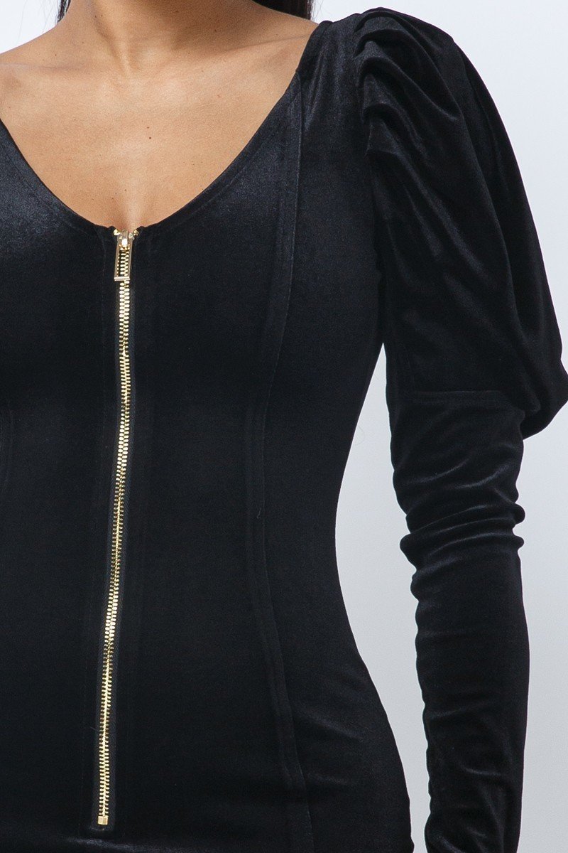 Soft Velvet Pleated Puff Sleeve Low V Neck Front And Back Mini Dress — Black