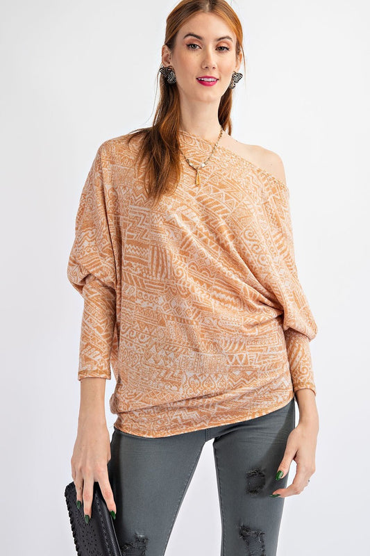 Tribal Printed Knit Top — Camel