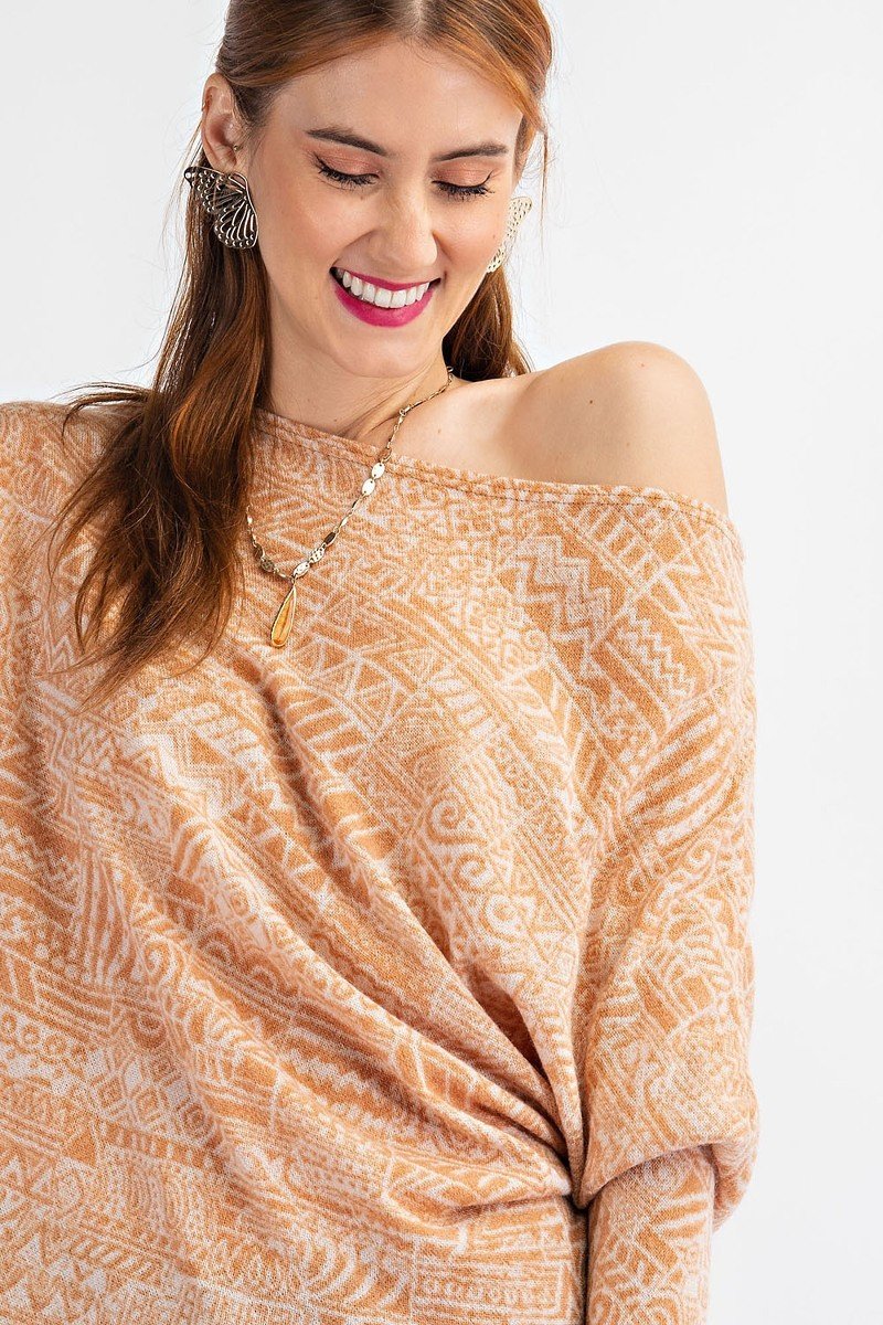 Tribal Printed Knit Top — Camel