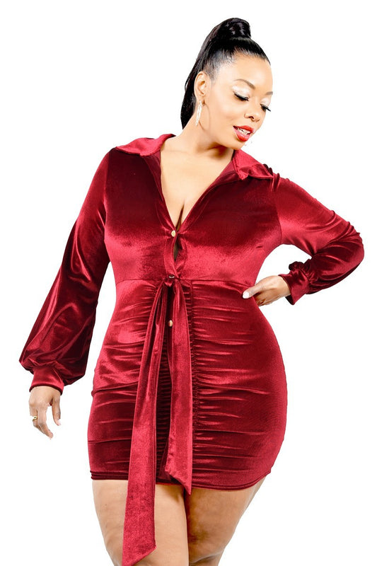 Plus Velvet Bishop Sleeve Mini Dress — Burgundy