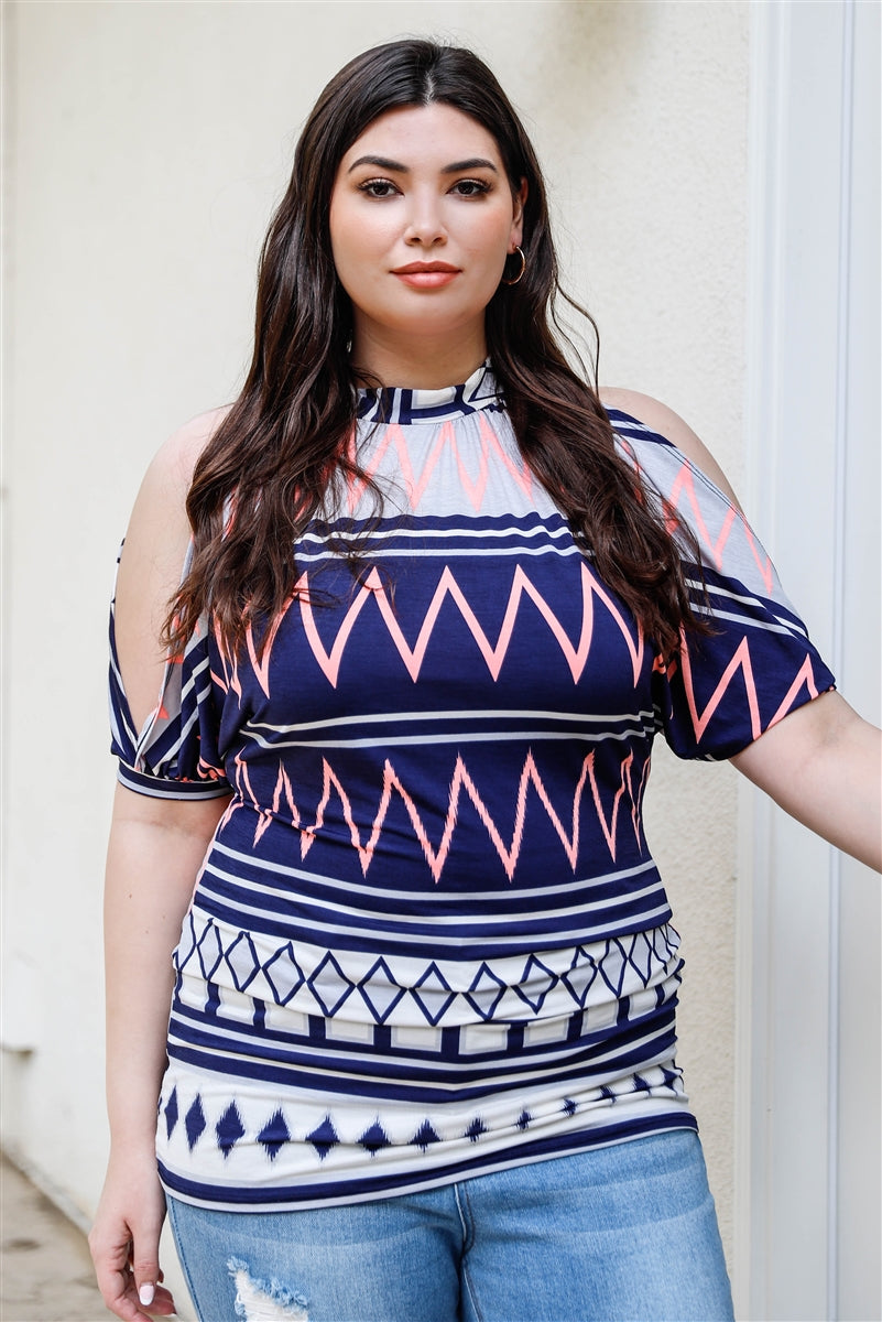 Plus Polka Dot Cold Shoulder Short Sleeve Back Self-tie Top — Navy/Multi