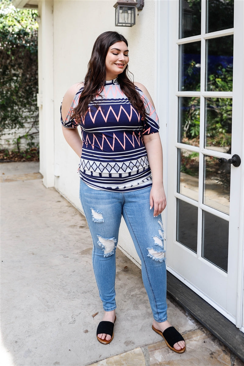 Plus Polka Dot Cold Shoulder Short Sleeve Back Self-tie Top — Navy/Multi