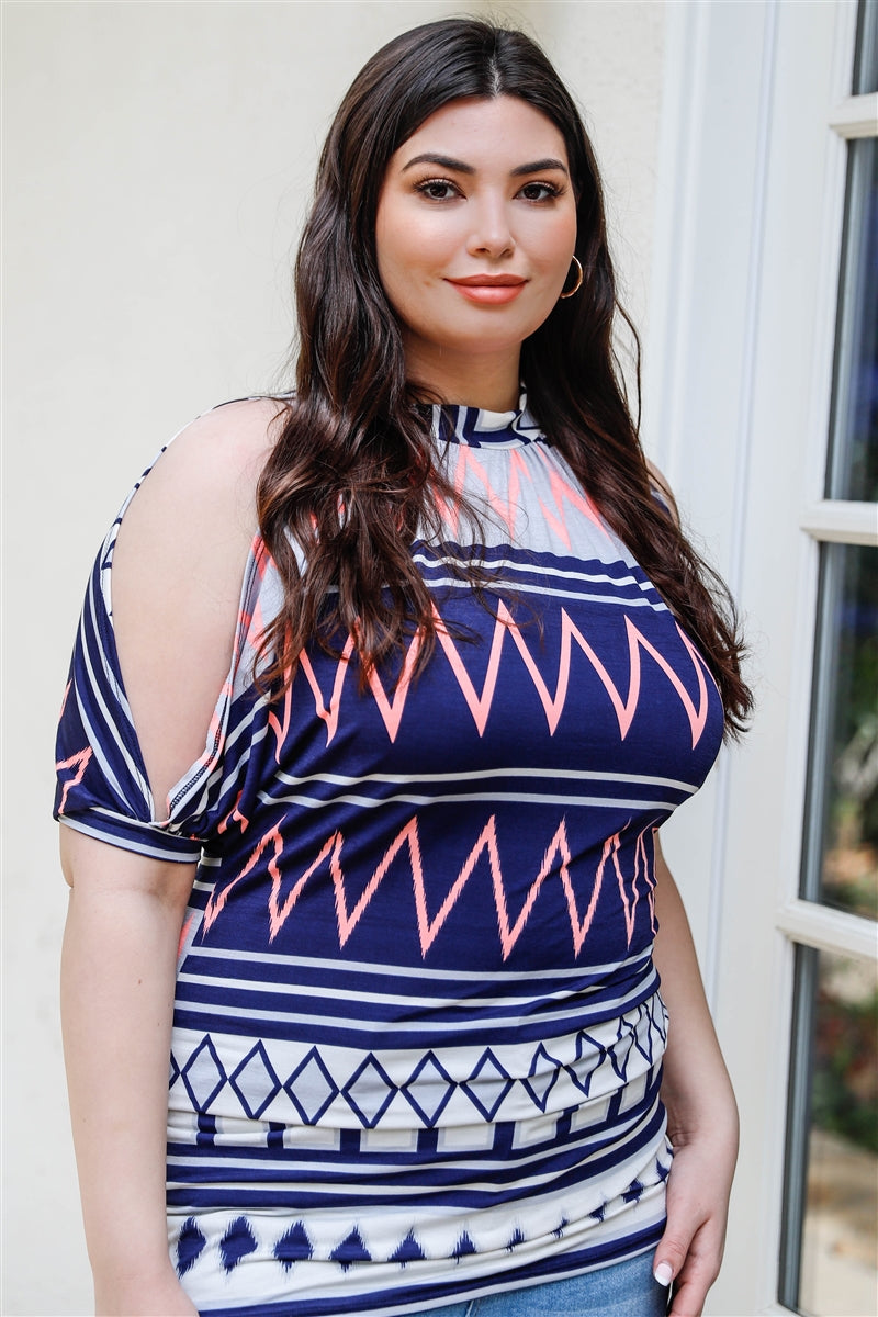 Plus Polka Dot Cold Shoulder Short Sleeve Back Self-tie Top — Navy/Multi