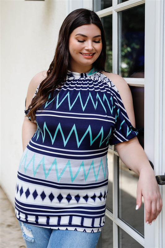 Plus Polka Dot Cold Shoulder Short Sleeve Back Self-tie Top — Navy/Mint