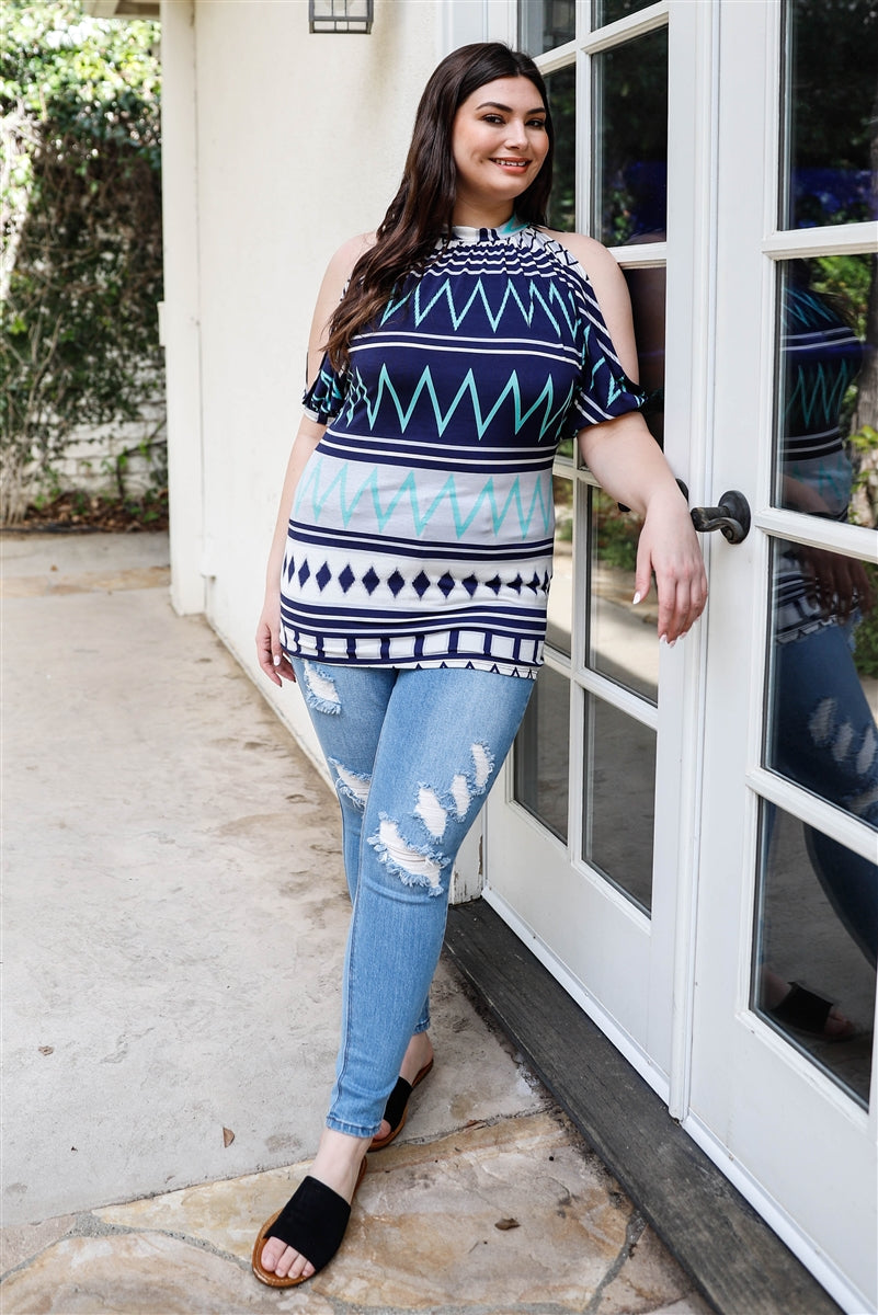 Plus Polka Dot Cold Shoulder Short Sleeve Back Self-tie Top — Navy/Mint