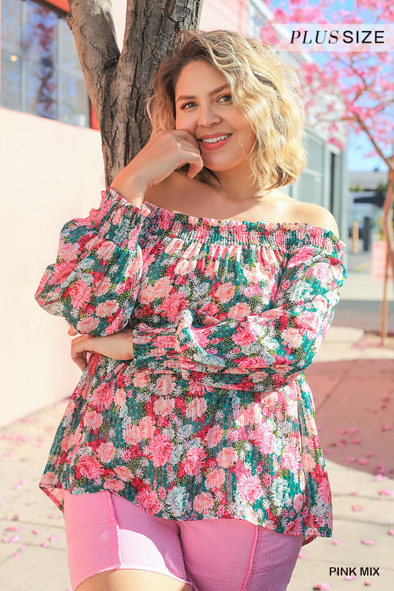 Sheer Floral Print Metallic Threading Long Sleeve Off Shoulder Top With High Low Hem — Green Mix