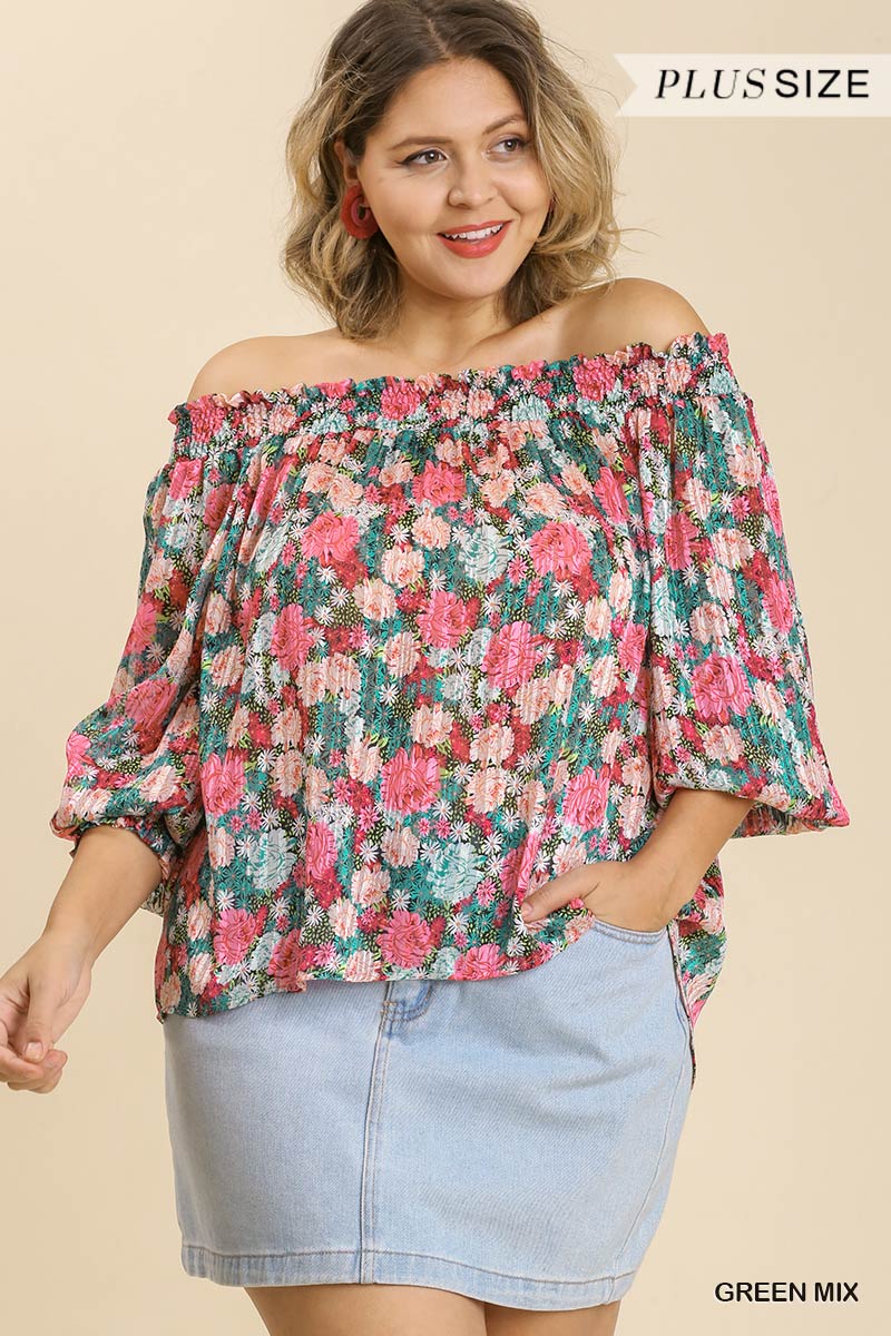 Sheer Floral Print Metallic Threading Long Sleeve Off Shoulder Top With High Low Hem — Green Mix