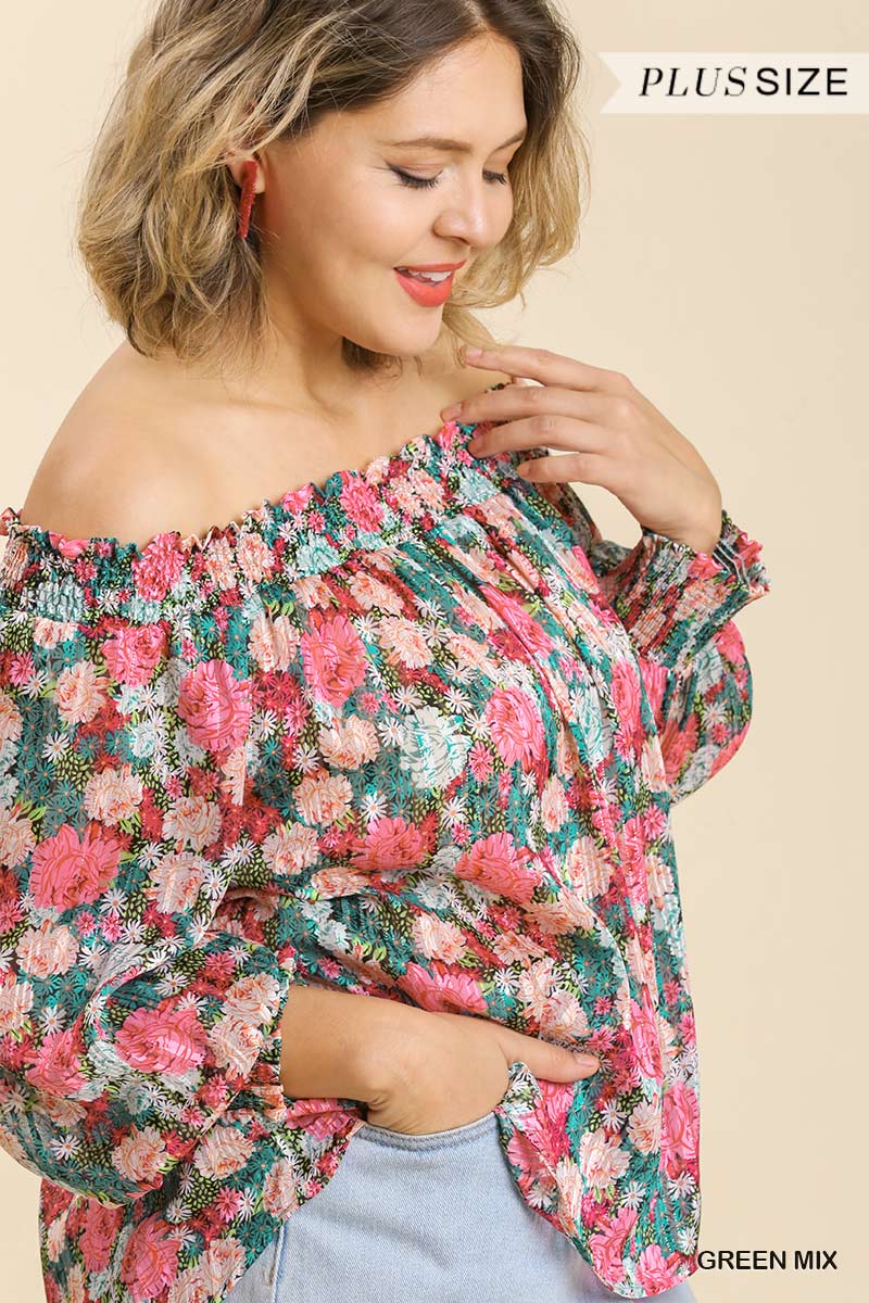 Sheer Floral Print Metallic Threading Long Sleeve Off Shoulder Top With High Low Hem — Green Mix
