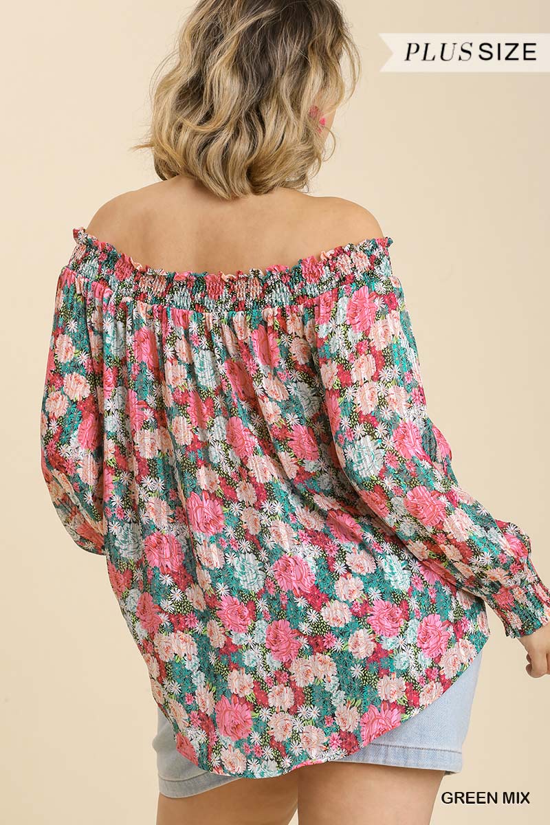 Sheer Floral Print Metallic Threading Long Sleeve Off Shoulder Top With High Low Hem — Green Mix