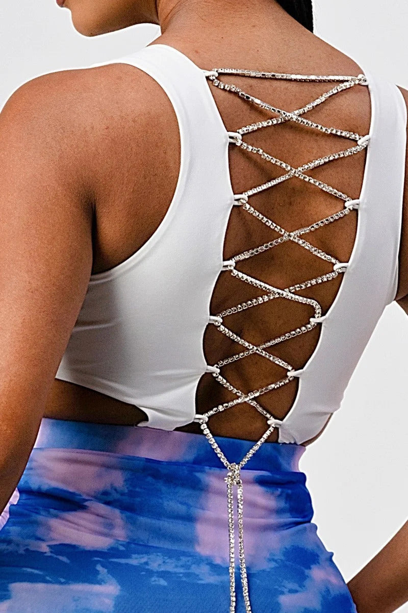 White Sleeveless Top With Detachable Rhinestone Cross Open Back With Bodycon Tie Dye Ruched Mini Dress — Blue/Pink Combo