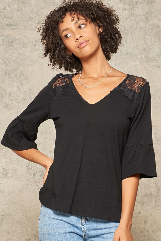 A Knit Top With Deep V Neckline And Yoke Design — Black