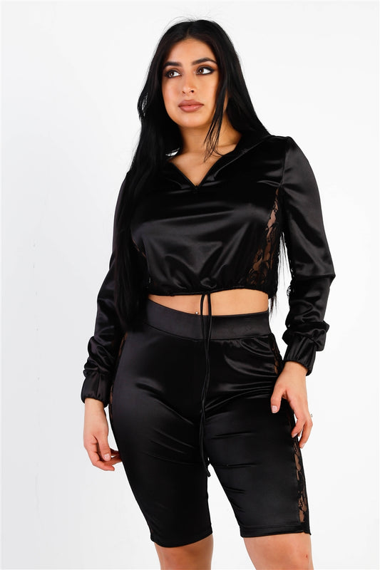 Satin Lace Details Long Sleeve Hooded Crop Top & Biker Short Set — Black