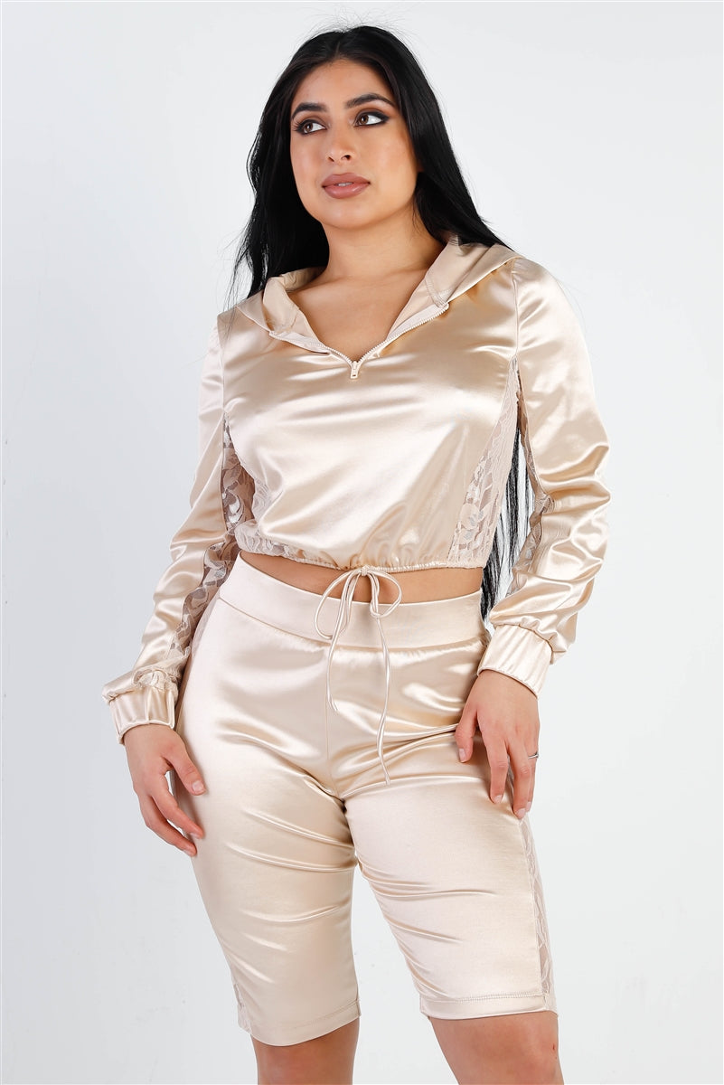 Satin Lace Details Long Sleeve Hooded Crop Top & Biker Short Set — Champagne