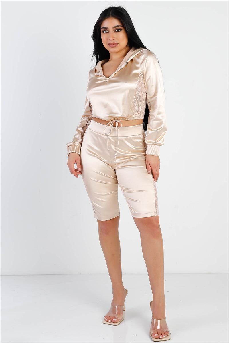 Satin Lace Details Long Sleeve Hooded Crop Top & Biker Short Set — Champagne