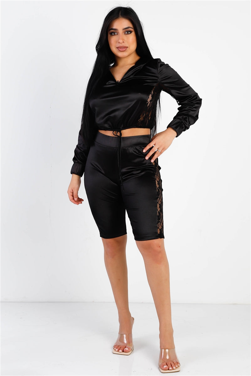 Satin Lace Details Long Sleeve Hooded Crop Top & Biker Short Set — Black