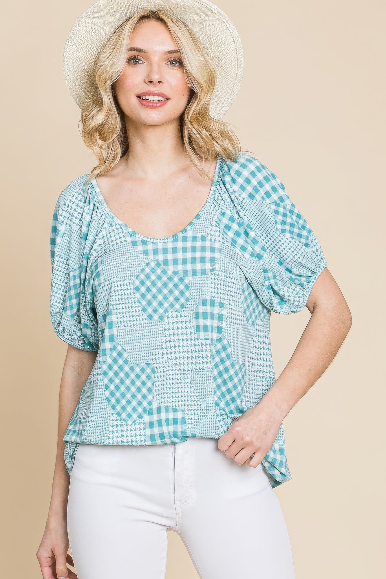Hounds Tooth And Check Plaid Top — Sage