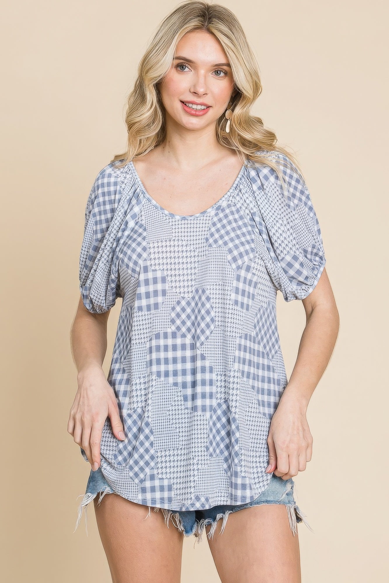 Hounds Tooth And Check Plaid Top — Grey