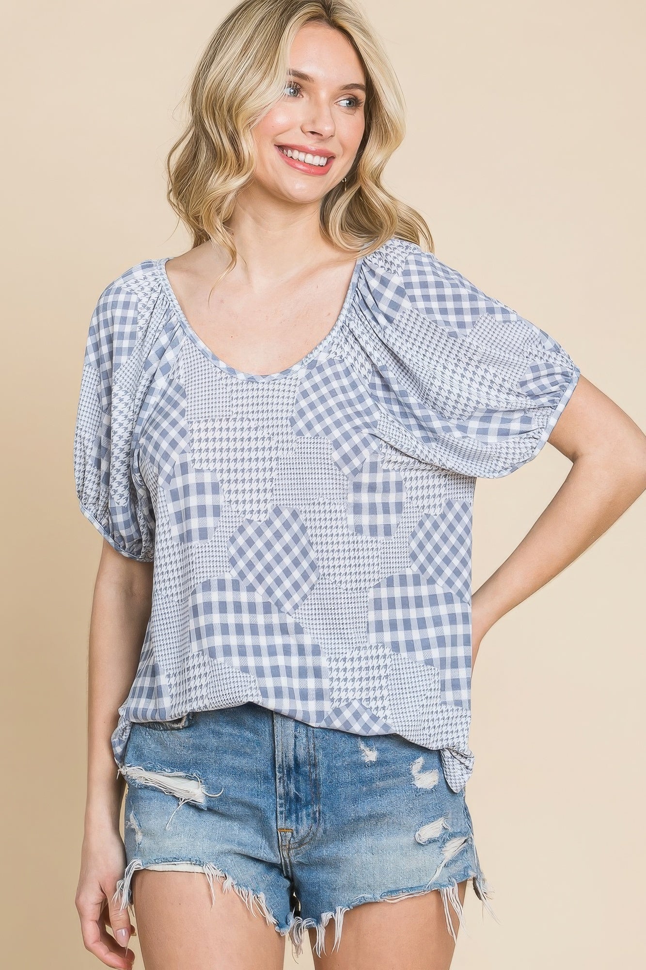 Hounds Tooth And Check Plaid Top — Grey