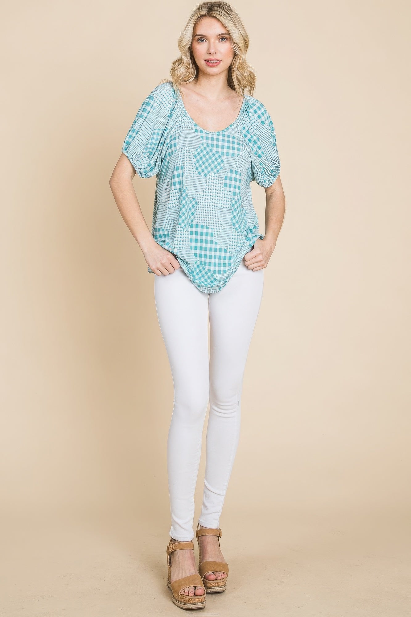 Hounds Tooth And Check Plaid Top — Sage