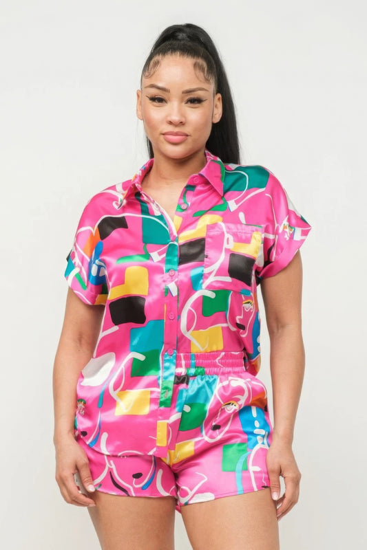Satin Dolman Print Button Down Top And Shorts Set — Fuchsia Combo