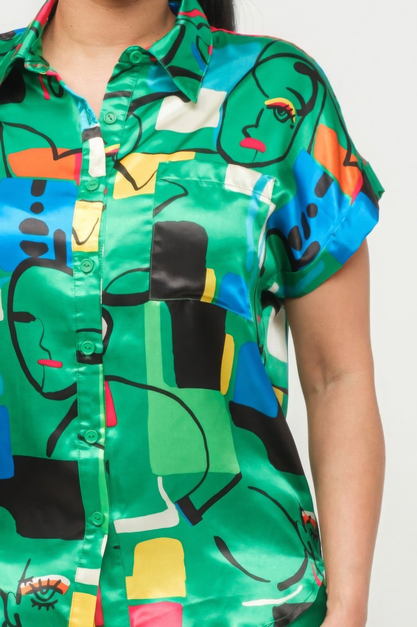 Satin Dolman Print Button Down Top And Shorts Set — Green Combo