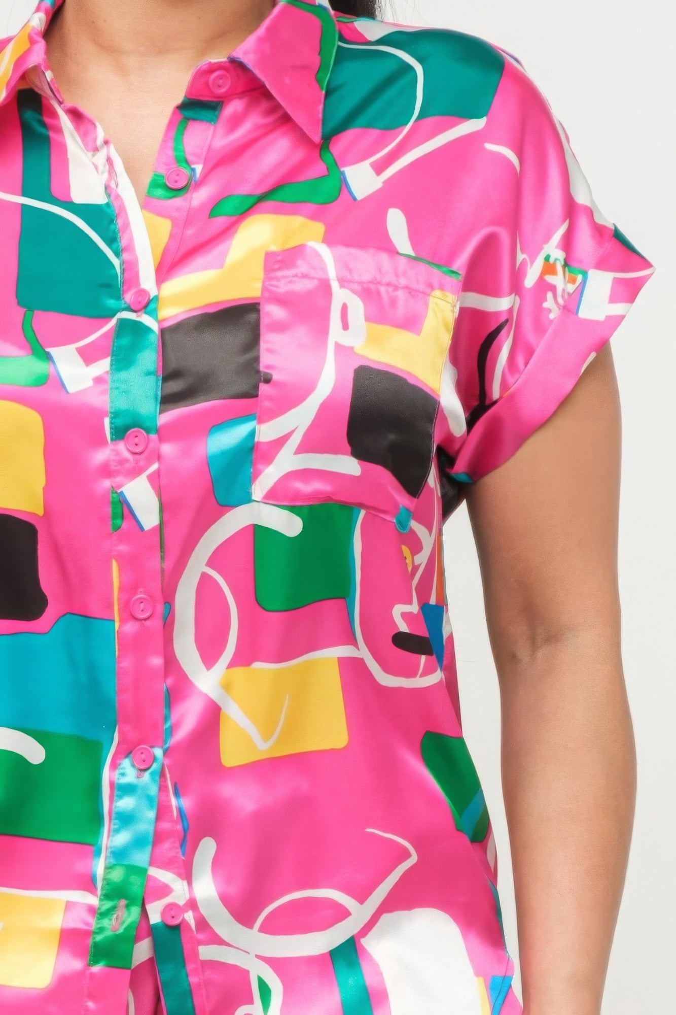 Satin Dolman Print Button Down Top And Shorts Set — Fuchsia Combo