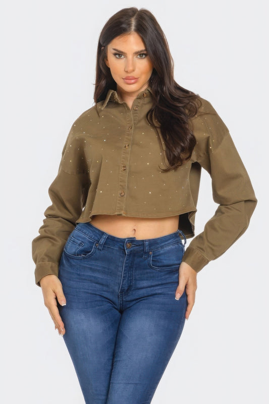 Bling Denim Button Down Shirt — Olive