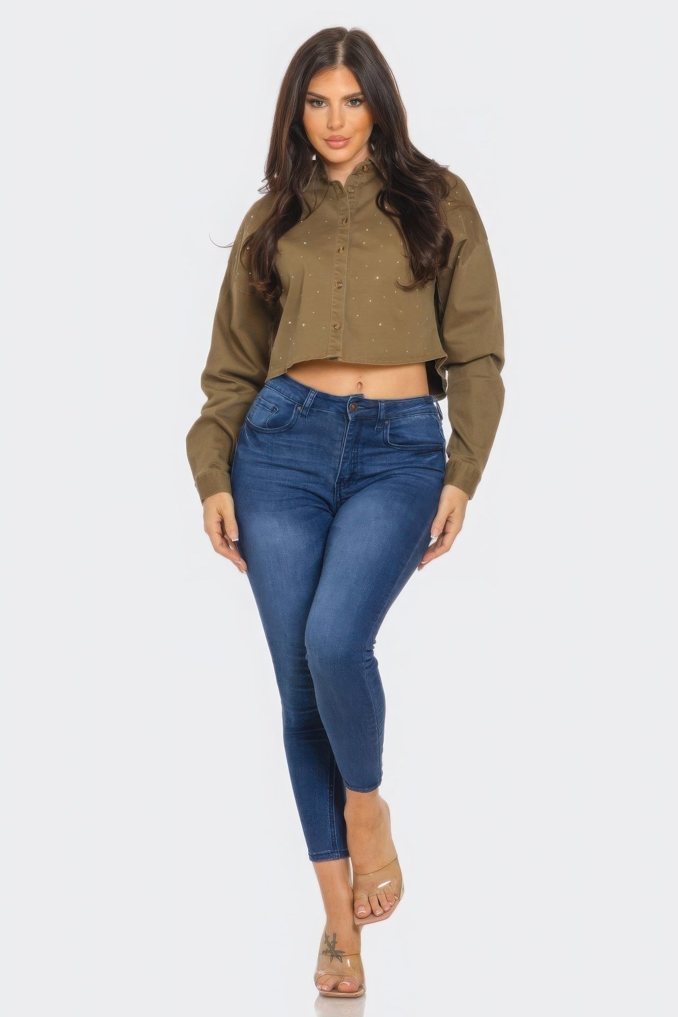 Bling Denim Button Down Shirt — Olive