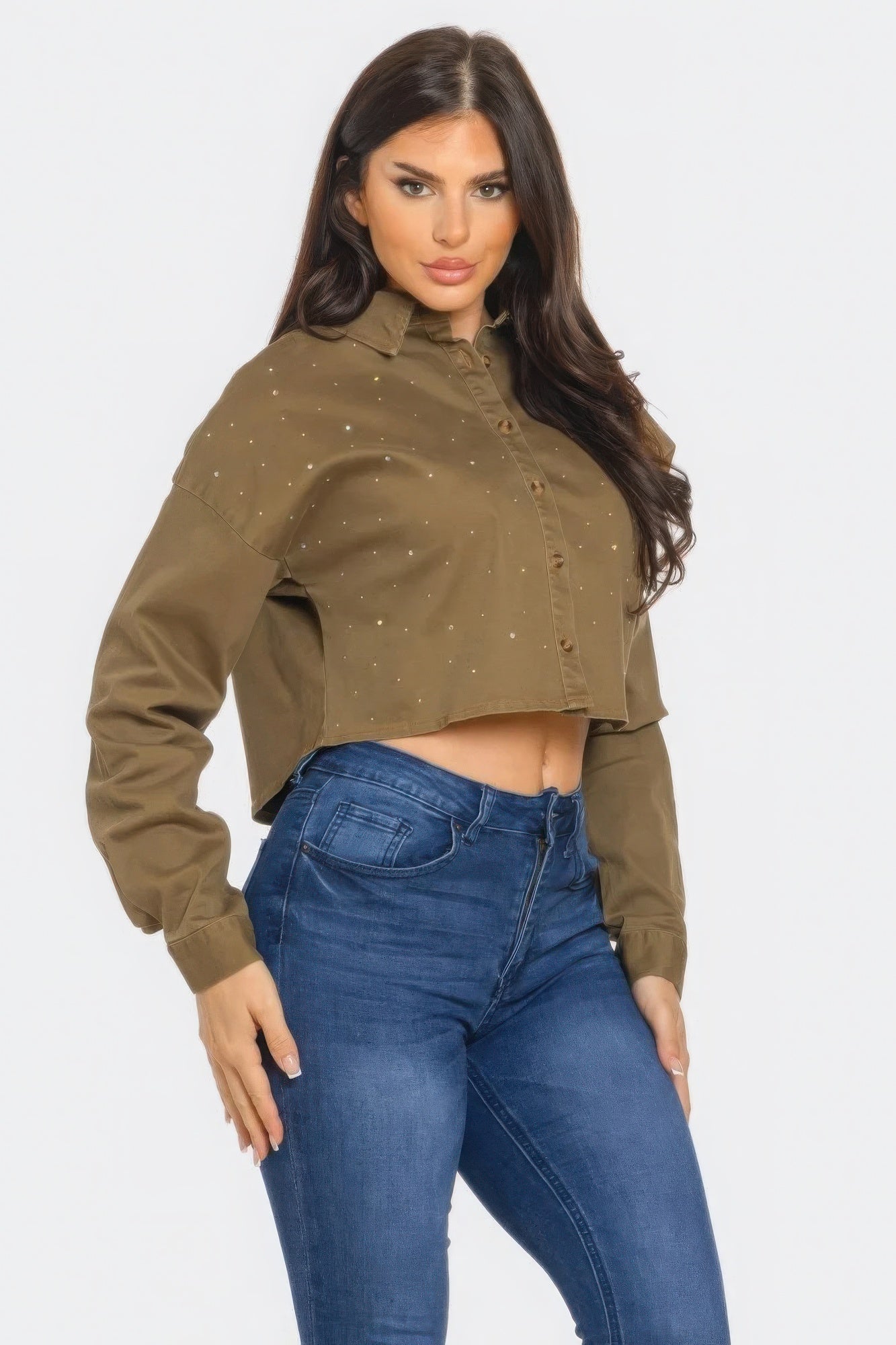 Bling Denim Button Down Shirt — Olive