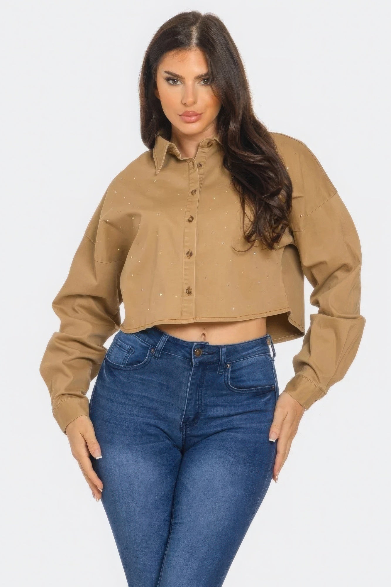 Bling Denim Button Down Shirt — Taupe