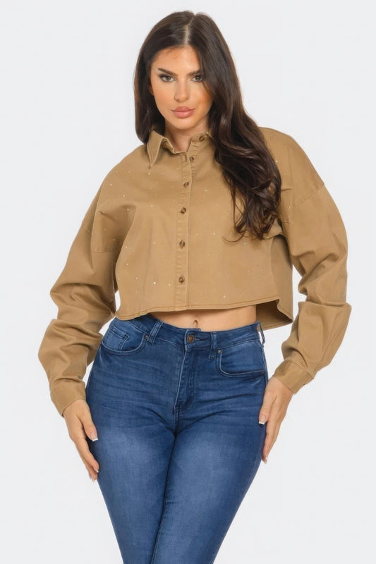 Bling Denim Button Down Shirt — Taupe