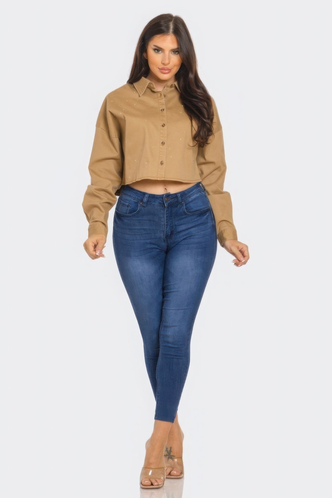 Bling Denim Button Down Shirt — Taupe