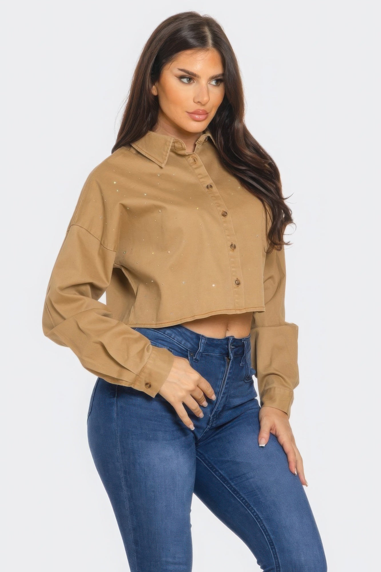 Bling Denim Button Down Shirt — Taupe